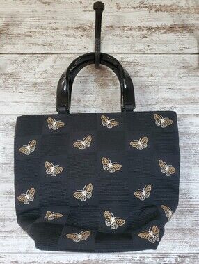 Talbots Black Check Embroidered Butterfly Top Handle Bag Vintage